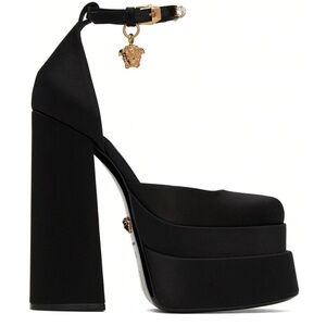 Versace Medusa Aevitas Black Satin Crystal Logo Charm Platform Runway Pumps